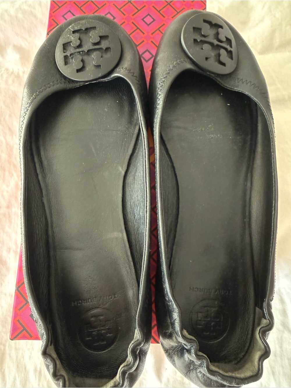 Tory Burch Black Leather Logo Round-Toe Ballet Flats